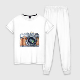 Женская пижама хлопок с принтом Ретро фотокамера , 100% хлопок | брюки и футболка прямого кроя, без карманов, на брюках мягкая резинка на поясе и по низу штанин | камера | ретро | фото | фотоаппарат | фотограф