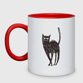 Кружка двухцветная с принтом Рисованная кошка , керамика | объем — 330 мл, диаметр — 80 мм. Цветная ручка и кайма сверху, в некоторых цветах — вся внутренняя часть | black | cat | кот | рисунок | черный