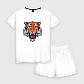 Женская пижама с шортиками хлопок с принтом Сердитый тигр 2022 год , 100% хлопок | футболка прямого кроя, шорты свободные с широкой мягкой резинкой | 2022 год тигра | год тигра | китайский | новый год | полосатый | с принтом тигра | с символом | с тигром | сердитый | тигр