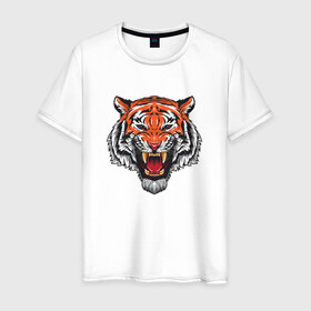 Мужская футболка хлопок с принтом Сердитый тигр 2022 год , 100% хлопок | прямой крой, круглый вырез горловины, длина до линии бедер, слегка спущенное плечо. | Тематика изображения на принте: 2022 год тигра | год тигра | китайский | новый год | полосатый | с принтом тигра | с символом | с тигром | сердитый | тигр