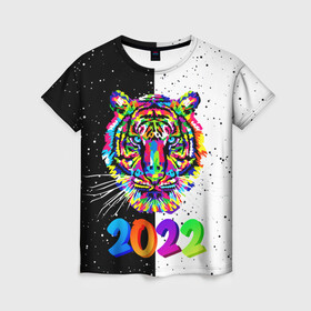 Женская футболка 3D с принтом НОВЫЙ ГОД 2022   НОВОГОДНИЙ ТИГР   ПОП АРТ   POP ART , 100% полиэфир ( синтетическое хлопкоподобное полотно) | прямой крой, круглый вырез горловины, длина до линии бедер | 2021 | 2022 | happy new year | merry christmas | new year | snow | tiger | winter | year of the tiger | год тигра | зверь | зима | новогоднее настроение | новогодние праздники | новый год | рождество | символ года | синий тигр | снег | хищн
