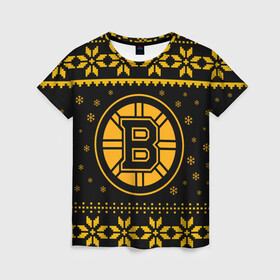 Женская футболка 3D с принтом Бостон Брюинз Новогодний , 100% полиэфир ( синтетическое хлопкоподобное полотно) | прямой крой, круглый вырез горловины, длина до линии бедер | 2021 | 2022 | boston | boston bruins | bruins | christmas | hockey | merry | merry christmas | new year | nhl | snow | ug | usa | winter | бостон | бостон брюинз | зима | новогодний | новогодняя | новый год | нхл | рождественский | рождеств