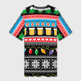 Платье-футболка 3D с принтом НОВОГОДНИЙ УЗОР С ПИВОМ И ОЛЕНЯМИ ,  |  | beer | christmas | new year | snow | winter | вязанный | зима | новый год | олени | праздник | свитер | снег | узор