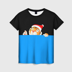 Женская футболка 3D с принтом ГОД ТИГРА (2022) , 100% полиэфир ( синтетическое хлопкоподобное полотно) | прямой крой, круглый вырез горловины, длина до линии бедер | 2022 | merry christmas | год тигра | нг | новогодний тигр | новогодняя символика | новый год | рождество | символ 2022 года | снежинки | тигр