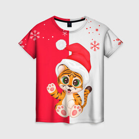 Женская футболка 3D с принтом НОВЫЙ ГОД | ТИГР | СНЕЖИНКИ , 100% полиэфир ( синтетическое хлопкоподобное полотно) | прямой крой, круглый вырез горловины, длина до линии бедер | 2022 | merry christmas | год тигра | нг | новогодний тигр | новогодняя символика | новый год | рождество | символ 2022 года | снежинки | тигр