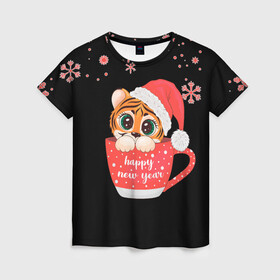 Женская футболка 3D с принтом НОВОГОДНИЙ ТИГРЕНОК (2022) , 100% полиэфир ( синтетическое хлопкоподобное полотно) | прямой крой, круглый вырез горловины, длина до линии бедер | 2022 | merry christmas | год тигра | новогодний тигр | новый год | символ 2022 года | снежинки | тигр