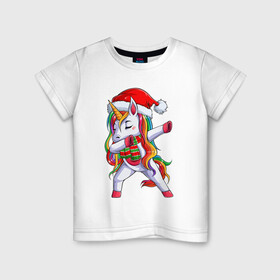 Детская футболка хлопок с принтом Новогодний Единорог Даб , 100% хлопок | круглый вырез горловины, полуприлегающий силуэт, длина до линии бедер | christmas | dabbing | santa | unicorn | даббинг | дед мороз | единорог | новый год | радуга | радужный | рождество | санта | снежинка | юникорн