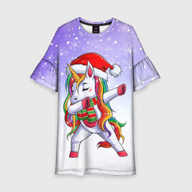 Детское платье 3D с принтом Xmas Unicorn Dabbing   Рождественский Единорог Даб , 100% полиэстер | прямой силуэт, чуть расширенный к низу. Круглая горловина, на рукавах — воланы | christmas | dabbing | santa | unicorn | даббинг | дед мороз | единорог | зима | новый год | радуга | радужный | рождество | санта | снег | снежинка | юникорн