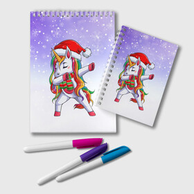 Блокнот с принтом Xmas Unicorn Dabbing   Рождественский Единорог Даб , 100% бумага | 48 листов, плотность листов — 60 г/м2, плотность картонной обложки — 250 г/м2. Листы скреплены удобной пружинной спиралью. Цвет линий — светло-серый
 | christmas | dabbing | santa | unicorn | даббинг | дед мороз | единорог | зима | новый год | радуга | радужный | рождество | санта | снег | снежинка | юникорн