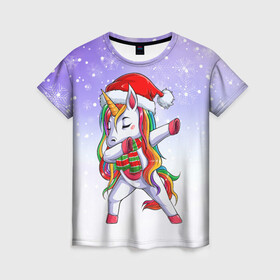 Женская футболка 3D с принтом Xmas Unicorn Dabbing   Рождественский Единорог Даб , 100% полиэфир ( синтетическое хлопкоподобное полотно) | прямой крой, круглый вырез горловины, длина до линии бедер | christmas | dabbing | santa | unicorn | даббинг | дед мороз | единорог | зима | новый год | радуга | радужный | рождество | санта | снег | снежинка | юникорн