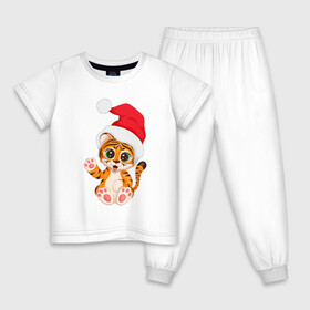 Детская пижама хлопок с принтом Новый год (тигренок) , 100% хлопок |  брюки и футболка прямого кроя, без карманов, на брюках мягкая резинка на поясе и по низу штанин
 | 2022 | год тигра | новогодний тигр | новый год | рождество | символ 2022 года | снежинки | тигр