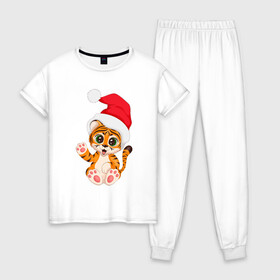 Женская пижама хлопок с принтом Новый год (тигренок) , 100% хлопок | брюки и футболка прямого кроя, без карманов, на брюках мягкая резинка на поясе и по низу штанин | 2022 | год тигра | новогодний тигр | новый год | рождество | символ 2022 года | снежинки | тигр