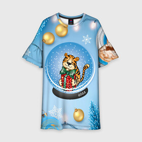 Детское платье 3D с принтом Тигренок в новогоднем шаре , 100% полиэстер | прямой силуэт, чуть расширенный к низу. Круглая горловина, на рукавах — воланы | 2022 | год тигра | новый год | новый год 2022 | символ года | тигр | тигренок | тигрица | тигры