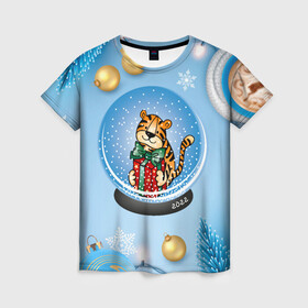 Женская футболка 3D с принтом Тигренок в новогоднем шаре , 100% полиэфир ( синтетическое хлопкоподобное полотно) | прямой крой, круглый вырез горловины, длина до линии бедер | 2022 | год тигра | новый год | новый год 2022 | символ года | тигр | тигренок | тигрица | тигры