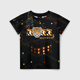 Детская футболка 3D с принтом Ночной новогодний город 2022 год тигра , 100% гипоаллергенный полиэфир | прямой крой, круглый вырез горловины, длина до линии бедер, чуть спущенное плечо, ткань немного тянется | 2022 | год тигра | новый год | новый год 2022 | символ года | тигр | тигренок | тигрица | тигры
