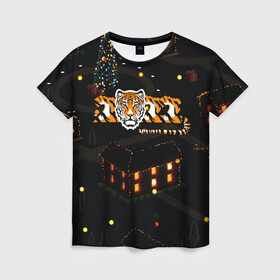Женская футболка 3D с принтом Ночной новогодний город 2022 год тигра , 100% полиэфир ( синтетическое хлопкоподобное полотно) | прямой крой, круглый вырез горловины, длина до линии бедер | 2022 | год тигра | новый год | новый год 2022 | символ года | тигр | тигренок | тигрица | тигры
