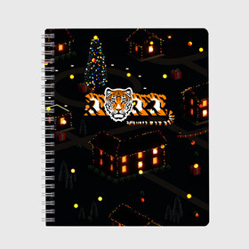Тетрадь с принтом Ночной новогодний город 2022 год тигра , 100% бумага | 48 листов, плотность листов — 60 г/м2, плотность картонной обложки — 250 г/м2. Листы скреплены сбоку удобной пружинной спиралью. Уголки страниц и обложки скругленные. Цвет линий — светло-серый
 | 2022 | год тигра | новый год | новый год 2022 | символ года | тигр | тигренок | тигрица | тигры