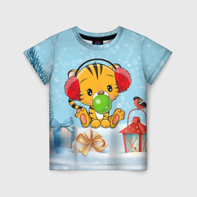Детская футболка 3D с принтом Тигренок жует жвачку , 100% гипоаллергенный полиэфир | прямой крой, круглый вырез горловины, длина до линии бедер, чуть спущенное плечо, ткань немного тянется | 2022 | год тигра | новый год | новый год 2022 | символ года | тигр | тигренок | тигрица | тигры