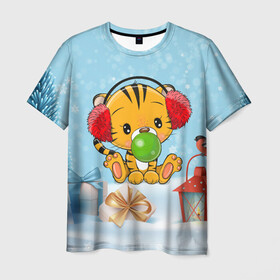 Мужская футболка 3D с принтом Тигренок жует жвачку , 100% полиэфир | прямой крой, круглый вырез горловины, длина до линии бедер | 2022 | год тигра | новый год | новый год 2022 | символ года | тигр | тигренок | тигрица | тигры