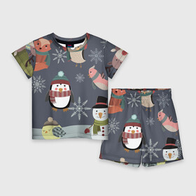 Детский костюм с шортами 3D с принтом НОВОГОДНИЙ ПАТТЕРН ЖИВОТНЫЕ ,  |  | животные | зима | лес | новый год | олени | праздник | рождество | снег | снеговик | снежинки | сова