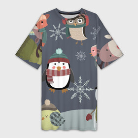 Платье-футболка 3D с принтом НОВОГОДНИЙ ПАТТЕРН ЖИВОТНЫЕ ,  |  | животные | зима | лес | новый год | олени | праздник | рождество | снег | снеговик | снежинки | сова