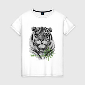 Женская футболка хлопок с принтом Год белого тигра 2022 , 100% хлопок | прямой крой, круглый вырез горловины, длина до линии бедер, слегка спущенное плечо | 2022 | tiger | year of the tiger | белый тигр | год 2022 | год под прицелом | год тигра | новогодний тигр | новый год | тигр