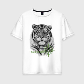 Женская футболка хлопок Oversize с принтом Год белого тигра 2022 , 100% хлопок | свободный крой, круглый ворот, спущенный рукав, длина до линии бедер
 | 2022 | tiger | year of the tiger | белый тигр | год 2022 | год под прицелом | год тигра | новогодний тигр | новый год | тигр