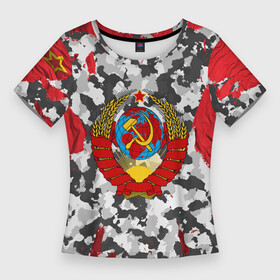 Женская футболка 3D Slim с принтом USSR (camouflage) ,  |  | camouflage | coat of arms | khaki | patriot | red machine | russia | russian | tourist | ussr | герб | камуфляж | красная машина | патриот | россия | русский | ссср | турист | хаки