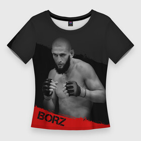 Женская футболка 3D Slim с принтом Borz. ,  |  | Тематика изображения на принте: borz | боец | волк | мужчина | надпись | полосы | стойка | чимаев