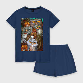 Женская пижама с шортиками хлопок с принтом Сбор сов , 100% хлопок | футболка прямого кроя, шорты свободные с широкой мягкой резинкой | арт | в топе | в тренде | животные | искусство | рисунок | совы