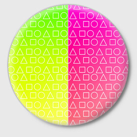 Значок с принтом Игра в кальмара (розовый+желтый) ,  металл | круглая форма, металлическая застежка в виде булавки | Тематика изображения на принте: frankenstein dress | гра в кальмара | желтый | зеленый | игра | кальмар | квадрат | квадратик | красный | круг | кружок | половинчатый | розовый | треугольник | треугольничек