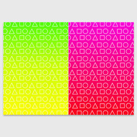 Поздравительная открытка с принтом Игра в кальмара (розовый+желтый) , 100% бумага | плотность бумаги 280 г/м2, матовая, на обратной стороне линовка и место для марки
 | Тематика изображения на принте: frankenstein dress | гра в кальмара | желтый | зеленый | игра | кальмар | квадрат | квадратик | красный | круг | кружок | половинчатый | розовый | треугольник | треугольничек