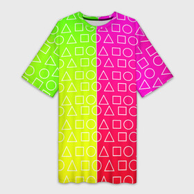 Платье-футболка 3D с принтом Игра в кальмара (розовый+желтый) ,  |  | frankenstein dress | гра в кальмара | желтый | зеленый | игра | кальмар | квадрат | квадратик | красный | круг | кружок | половинчатый | розовый | треугольник | треугольничек