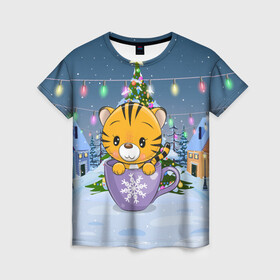 Женская футболка 3D с принтом Тигренок 2022 в кружке , 100% полиэфир ( синтетическое хлопкоподобное полотно) | прямой крой, круглый вырез горловины, длина до линии бедер | 2022 | год тигра | новый год | новый год 2022 | символ года | тигр | тигренок | тигрица | тигры