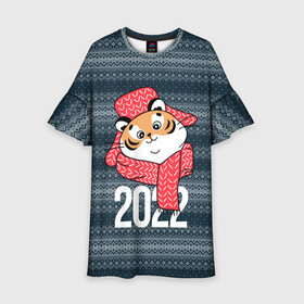 Детское платье 3D с принтом 2022 символ года , 100% полиэстер | прямой силуэт, чуть расширенный к низу. Круглая горловина, на рукавах — воланы | 2022 | год тигра | новый год | новый год 2022 | символ года | тигр | тигренок | тигрица | тигры