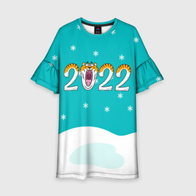 Детское платье 3D с принтом Надпись 2022 Новый год , 100% полиэстер | прямой силуэт, чуть расширенный к низу. Круглая горловина, на рукавах — воланы | Тематика изображения на принте: 2022 | год тигра | новый год | новый год 2022 | символ года | тигр | тигренок | тигрица | тигры