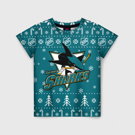 Детская футболка 3D с принтом Сан Хосе Шаркс Новогодний , 100% гипоаллергенный полиэфир | прямой крой, круглый вырез горловины, длина до линии бедер, чуть спущенное плечо, ткань немного тянется | 2021 | 2022 | christmas | hockey | merry christmas | new year | nhl | san jose | san jose sharks | sharks | snow | usa | winter | зима | новогодний | новогодняя | новый год | нхл | рож | рождество | сан хосе | санхосе | санхосе шаркс | снег