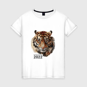 Женская футболка хлопок с принтом Тигр 2022 символ , 100% хлопок | прямой крой, круглый вырез горловины, длина до линии бедер, слегка спущенное плечо | амурский тигр | год 2022 | кошка | новый год | символ 2022 | тигр | тигр 2022