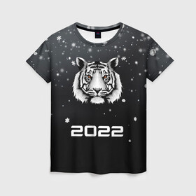 Женская футболка 3D с принтом Новогодний тигр символ 2022. , 100% полиэфир ( синтетическое хлопкоподобное полотно) | прямой крой, круглый вырез горловины, длина до линии бедер | 2022 | merry christmas | год тигра | зима близко | нг | новогодний | новогодний тигр | новогодняя символика | новый год | новый год 2022 | рождество | символ 2022 года | снег | снежинки | тигр