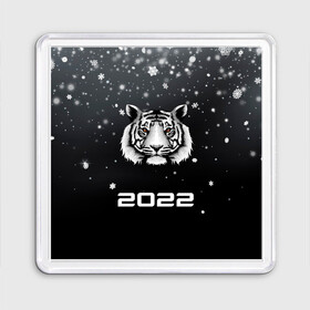Магнит 55*55 с принтом Новогодний тигр символ 2022. , Пластик | Размер: 65*65 мм; Размер печати: 55*55 мм | Тематика изображения на принте: 2022 | merry christmas | год тигра | зима близко | нг | новогодний | новогодний тигр | новогодняя символика | новый год | новый год 2022 | рождество | символ 2022 года | снег | снежинки | тигр