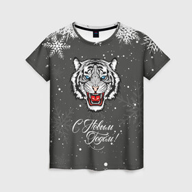 Женская футболка 3D с принтом Зима близко символ 2022 года. , 100% полиэфир ( синтетическое хлопкоподобное полотно) | прямой крой, круглый вырез горловины, длина до линии бедер | 2022 | merry christmas | год тигра | зима близко | нг | новогодний | новогодний тигр | новогодняя символика | новый год | новый год 2022 | рождество | символ 2022 года | снег | снежинки | тигр