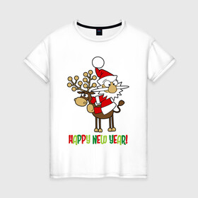 Женская футболка хлопок с принтом Happy New Year Санта на олене , 100% хлопок | прямой крой, круглый вырез горловины, длина до линии бедер, слегка спущенное плечо | christmas | happy new year | holiday | new year | on a reindeer | santa claus | sitting | на олене | новый год | праздник | рождество | санта клаус | сидит | счастливого нового года