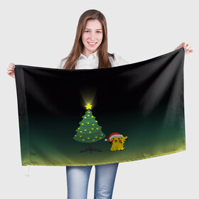 Флаг 3D с принтом Пикачу с Ёлкой , 100% полиэстер | плотность ткани — 95 г/м2, размер — 67 х 109 см. Принт наносится с одной стороны | pikachy | гирлянда | елка | пикачу | покемон | шарики | электричество