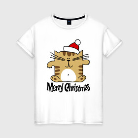 Женская футболка хлопок с принтом Merry Christmas квадратный кот , 100% хлопок | прямой крой, круглый вырез горловины, длина до линии бедер, слегка спущенное плечо | kitten | merry christmas | red cap | santa claus | sitting | square | tabby cat | квадратный | котёнок | красный колпак | полосатый кот | санта клауса | сидит | счастливого рождества