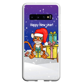 Чехол для Samsung Galaxy S10 с принтом Новый год 2022 - Тигр с подарками , Силикон | Область печати: задняя сторона чехла, без боковых панелей | Тематика изображения на принте: 2022 | год тигра | новый год | новый год 2022 | символ года | тигр | тигренок | тигрица | тигры
