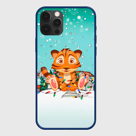 Чехол для iPhone 12 Pro Max с принтом Тигренок запутался в гирляндах , Силикон |  | Тематика изображения на принте: 2022 | год тигра | новый год | новый год 2022 | символ года | тигр | тигренок | тигрица | тигры