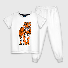 Детская пижама хлопок с принтом Тигр в джунглях , 100% хлопок |  брюки и футболка прямого кроя, без карманов, на брюках мягкая резинка на поясе и по низу штанин
 | 2022 | big cat | happy new year | jungle | palms | predator | tiger | year of the tiger | большая кошка | год тигра | джунгли | пальмы | с новым годом | тигр | хищник
