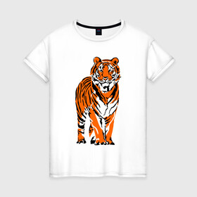 Женская футболка хлопок с принтом Тигр в джунглях , 100% хлопок | прямой крой, круглый вырез горловины, длина до линии бедер, слегка спущенное плечо | 2022 | big cat | happy new year | jungle | palms | predator | tiger | year of the tiger | большая кошка | год тигра | джунгли | пальмы | с новым годом | тигр | хищник