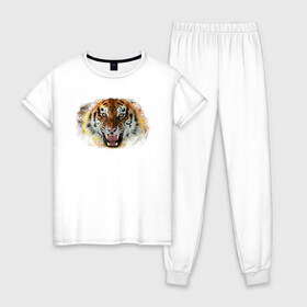 Женская пижама хлопок с принтом Пламенный тигр , 100% хлопок | брюки и футболка прямого кроя, без карманов, на брюках мягкая резинка на поясе и по низу штанин | fire | flame | symbol | tiger | zoo | животное | огонь | пламя | природа | тигр