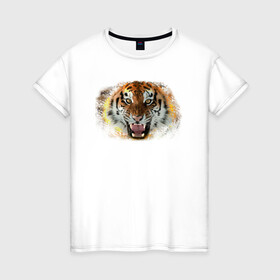 Женская футболка хлопок с принтом Пламенный тигр , 100% хлопок | прямой крой, круглый вырез горловины, длина до линии бедер, слегка спущенное плечо | fire | flame | symbol | tiger | zoo | животное | огонь | пламя | природа | тигр